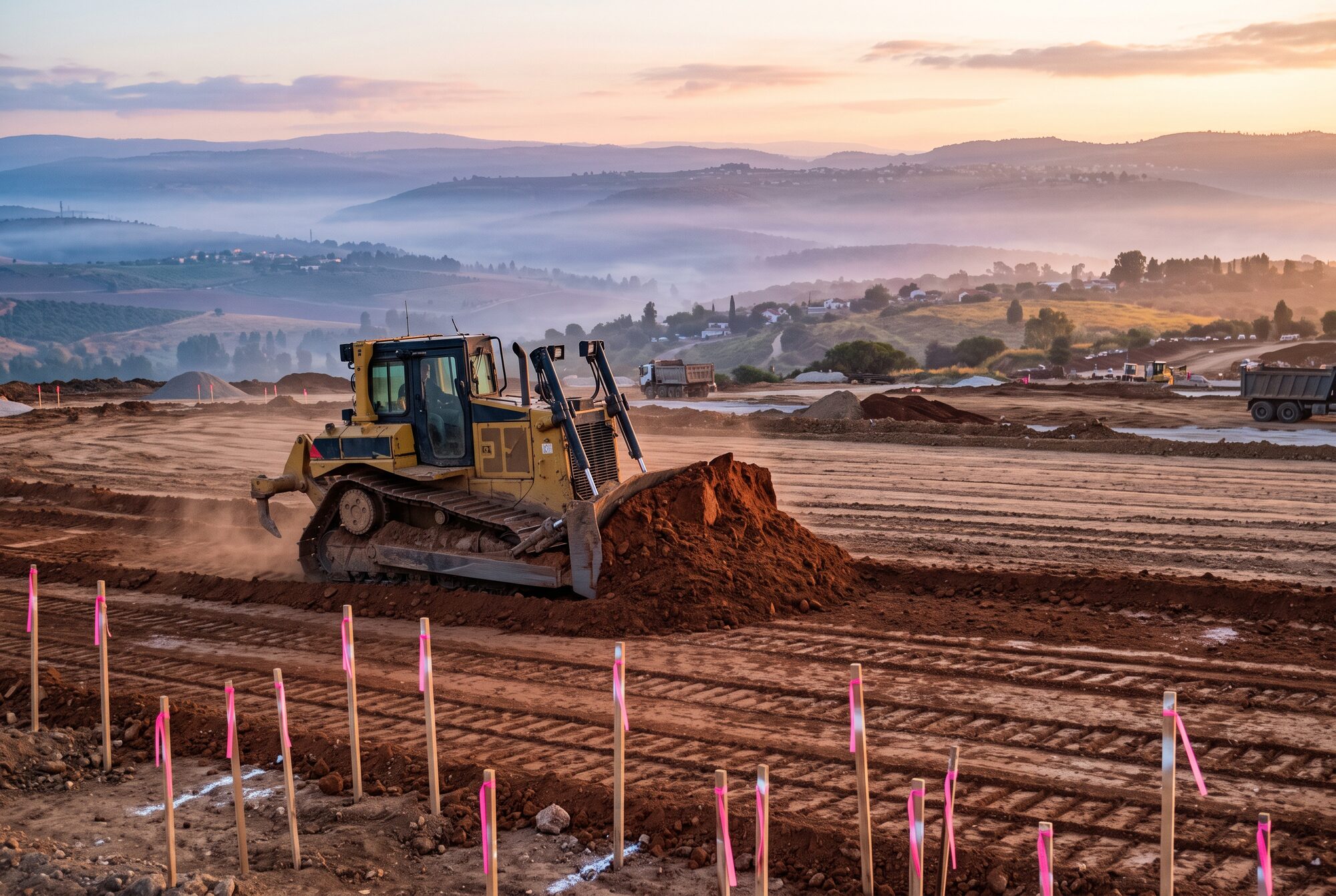 Crawler dozer grading a building platform at dawn